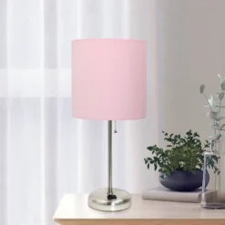 19.5" Bedside Power Outlet Base Metal Table Desk Lamp Brushed Steel With Fabric Shade Light Pink - Creekwood Home -Famous Lighting Store GUEST 0aee9e33 024f 44e8 bd49 79c3e2f2d69e