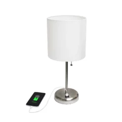 19.5" Bedside USB Port Feature Metal Table Desk Lamp Brushed Steel With White Fabric Shade - Creekwood Home -Famous Lighting Store GUEST 0ea84676 81a3 46e0 9d3e fe2e5a6aa553