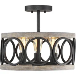Franklin Iron Works Salima Rustic Farmhouse Ceiling Light Semi Flush Mount 16" Wide Black Gray Wood 3-Light For Bedroom Kitchen Living Room Hallway -Famous Lighting Store GUEST 1e99accb 03ab 4473 aabb 9f8a3ee67cfa