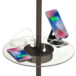 360 Lighting Caper Modern Floor Lamp With Tray Table 60 1/2" Tall Bronze USB And AC Power Outlet Off White Fabric Drum Shade For Living Room Office -Famous Lighting Store GUEST 25178af4 1c81 47b3 a794 16d28fc00ba3