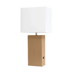 21" Lexington Leather Base Modern Home Decor Bedside Table Lamp With USB Charging Port And Fabric Shade - Lalia Home -Famous Lighting Store GUEST 40b413e0 4c1a 4ec5 b51b b700b6fe0a0d