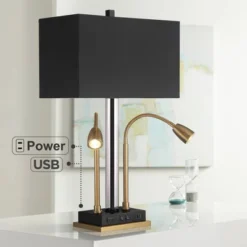 Possini Euro Design Griffin Modern Gooseneck Desk Lamp 31" Tall Gold With USB Charging Port Black Metal Rectangular Shade For Bedroom Living Room Kids