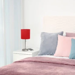 19.5" Bedside USB Port Feature Metal Table Desk Lamp Brushed Steel With Red Fabric Shade - Creekwood Home -Famous Lighting Store GUEST 55dc447a 7d1e 4b80 917c 85d4e579c23b