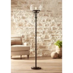 Franklin Iron Works Luz Industrial Torchiere Floor Lamp Standing 72 1/2" Tall Oil Rubbed Bronze Clear Glass For Living Room Bedroom Office House Home