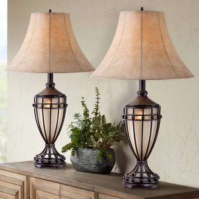 Franklin Iron Works Traditional Table Lamps 33" Tall Set of 2 with Nightlight Brushed Iron Urn Beige Fabric Shade for Living Room Bedroom Franklin Iron Works Traditional Table Lamps 33" Tall Set Of 2 With Nightlight Brushed Iron Urn Beige Fabric Shade For Living Room Bedroom -Famous Lighting Store GUEST 5edba0e4 8d00 40e6 9147 ab06473f7e34