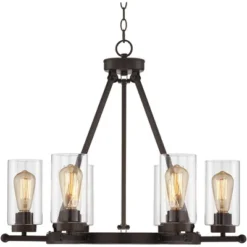 Franklin Iron Works Holman Bronze Wagon Wheel Chandelier 26 3/4" Wide Rustic Farmhouse Clear Glass 6-Light Fixture For Dining Room Kitchen Island Home -Famous Lighting Store GUEST 6de57715 abb2 4d99 8fc0 72f52c58816f