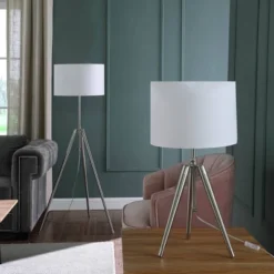 34.25" X 29.25" Mid-Century Adjustable Tripod Metal Table Lamp Chrome/Silver - Ore International -Famous Lighting Store GUEST 77f2544f 6b0f 4c94 8708 e652e6cb0212