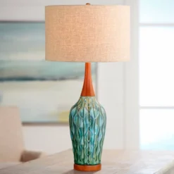 360 Lighting Rocco Modern Mid Century Table Lamps 30" Tall Set Of 2 Blue Teal Glaze Ceramic Linen Drum Shade For Bedroom Living Room Nightstand Home -Famous Lighting Store GUEST 821a99b5 81a6 47ef 87d5 c589d88e65b3