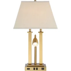 Possini Euro Design Deacon Modern Desk Table Lamp 26" High Brass With USB And AC Power Outlet In Base LED Reading Light Oatmeal Shade For Office Desk -Famous Lighting Store GUEST 8c4f2cfc 52bf 4784 98da cc209e724fcd