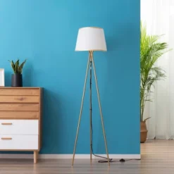 HOMCOM Modern Tripod Floor Lamp Free Standing Land Lamp W/ Steel Frame, Footswitch, Fabric Lampshade And E26 Base For Living Room, Bedroom, Gold -Famous Lighting Store GUEST 969df3af 23af 49bf 939a acf2f4f8fe09