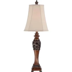 Regency Hill Exeter Traditional Table Lamps 30" Tall Set Of 2 Bronze Wood Carved Leaf Cream Rectangular Bell Shade For Bedroom Living Room Bedside -Famous Lighting Store GUEST a01da0a2 e5df 458a b43c 207f0071f96c