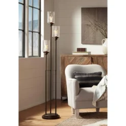 Franklin Iron Works Libby Modern Industrial Tree Floor Lamp 66" Tall Oiled Bronze Metal 3 Light Dimmable LED Amber Seedy Glass For Living Room Bedroom