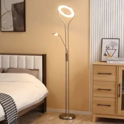 HOMCOM Modern LED 2 Light Floor Lamp, Tall Standing Lamp With Rotatable Ring Light And Height Adjustable Side Light For Living Room Or Bedroom, Silver -Famous Lighting Store GUEST a76a4751 85a4 4d06 ab74 ec2d7428f3f1