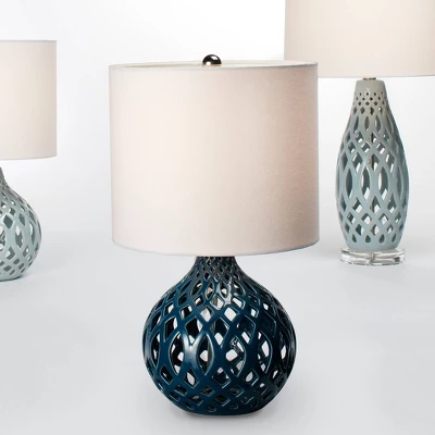 Fretwork Ceramic Table Lamp Ceramic with Drum Linen Shade Blue - Splendor Home Fretwork Ceramic Table Lamp Ceramic With Drum Linen Shade Blue - Splendor Home -Famous Lighting Store GUEST a7d741c1 93b9 4317 95a8 774a984a70bb