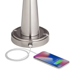 360 Lighting Karla Modern Table Lamps 25" High Set Of 2 Brushed Steel Column With USB Charging Port White Fabric Shade For Bedroom Living Room Desk -Famous Lighting Store GUEST c260550a 1212 48ce 8e3a 12942738bf95