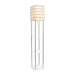 Metal/Wood Etagere Floor Lamp With Storage Shelves And Linen Shade Brushed Nickel - Lalia Home