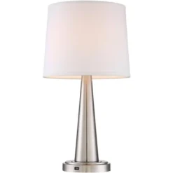 360 Lighting Karla Modern Table Lamps 25" High Set Of 2 Brushed Steel Column With USB Charging Port White Fabric Shade For Bedroom Living Room Desk -Famous Lighting Store GUEST d4513474 0e29 403f 915c 0f0049034786