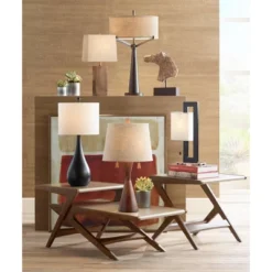360 Lighting Omar Modern Table Lamp 28 3/4" Tall Warm Brown Wood Hourglass Oatmeal Fabric Drum Shade For Bedroom Living Room Bedside Nightstand Office -Famous Lighting Store GUEST d65b8b8a 1a44 478d 9722 ac58b50aba81