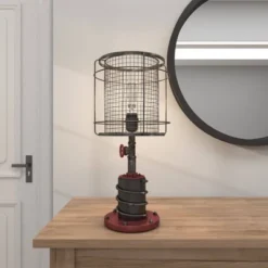 10" X 21" Industrial Accent Lamp With Iron Wire Cage Shade Red/Black - Olivia & May 6 10" X 21" Industrial Accent Lamp With Iron Wire Cage Shade Red/Black - Olivia & May -Famous Lighting Store GUEST db700367 7252 4f03 b899 767a0d8257d3