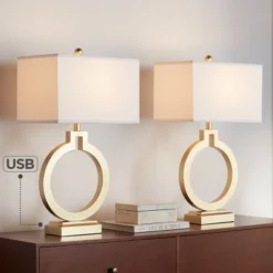 360 Lighting Modern Table Lamps 28 1/2" Tall Set Of 2 With USB Charging Port Brushed Gold Open Ring White Shade For Bedroom Living Room House Bedside