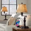 Regency Hill Traditional Swing Arm Desk Table Lamps 21.75" High Set Of 2 With USB Port Bronze Metal Faux Leather Shade For Living Room Bedroom