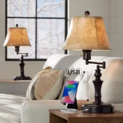 Regency Hill Traditional Swing Arm Desk Table Lamps 21.75" High Set Of 2 With USB Port Bronze Metal Faux Leather Shade For Living Room Bedroom