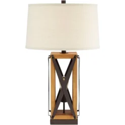 Franklin Iron Works Gaines Rustic Farmhouse Table Lamp 28 1/2" Tall Bronze Wood With LED Nightlight Off White Burlap Drum Shade For Bedroom House Home -Famous Lighting Store GUEST e0f2cae7 60ae 45cc 987d 7e4a8d94e71d