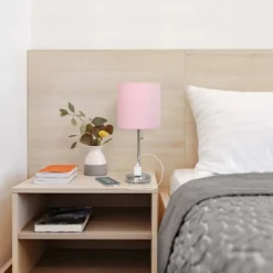 19.5" Bedside Power Outlet Base Metal Table Desk Lamp Brushed Steel With Fabric Shade Light Pink - Creekwood Home -Famous Lighting Store GUEST e6d28037 e795 4aa1 9c00 22cc5a7759fa