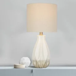 19" Textured Ceramic Accent Table Lamp With Linen Shade (Includes LED Light Bulb) White - Cresswell Lighting -Famous Lighting Store GUEST f69efdcc 2cc5 4c7f be4f 7ebdae8fb731